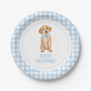 Prato De Papel Aniversário de plaid preppy de cachorrinho