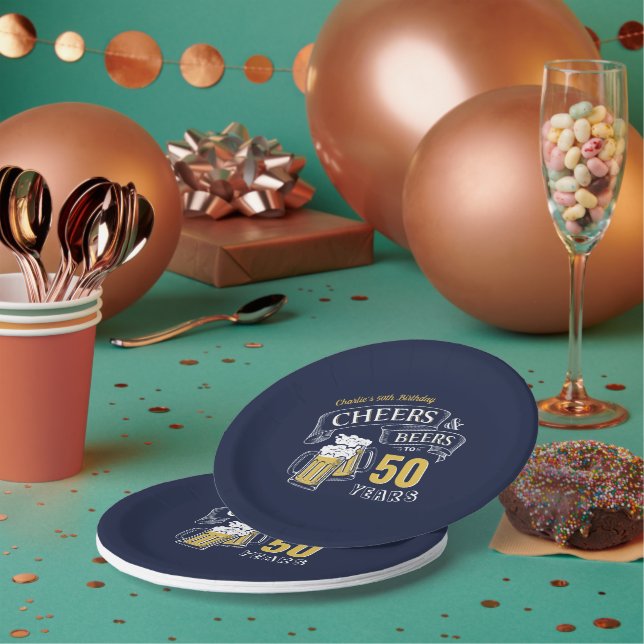 Prato De Papel Aniversário de qualquer idade Navy Amarelo Cheers  (Múltiplo)