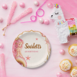Prato De Papel Aniversário de Sereia Rosa e Dourado