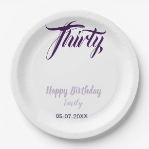 Prato De Papel Aniversário de trinta 30º nome data estilo roxo pa