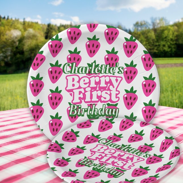 Prato De Papel Aniversário de um ano do Morango Rosa  (Criador carregado)