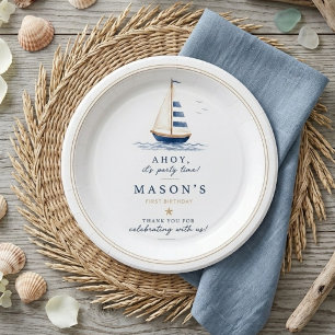 Prato De Papel Aniversário de Um Ano Minimalista de Barco à Vela
