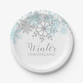Prato De Papel Aniversário de um ano Winter Onederland azul e pra