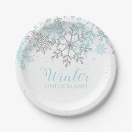 Prato De Papel Aniversário de um ano Winter Onederland azul e pra