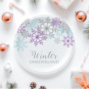 Prato De Papel Aniversário de Um Ano Winter Onederland Roxo Azul