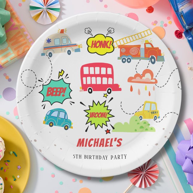 Prato De Papel Aniversário de veículos felizes do quarto de hones (Criador carregado)