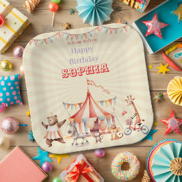 Prato De Papel Aniversário Divertido de Crianças do Circo Vermelh