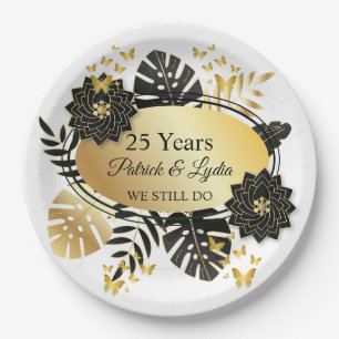Prato De Papel Aniversário do 25 Floral Negro e Dourado - AINDA O
