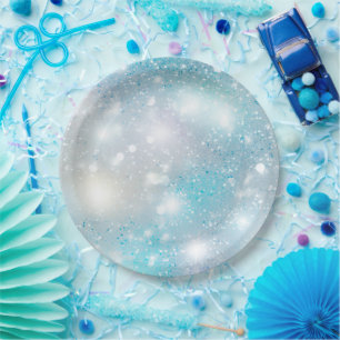 Prato De Papel Aniversário do Aqua Blue White Bokeday