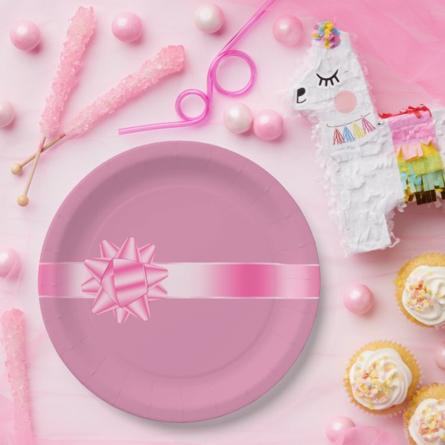 Prato De Papel Aniversário do Arco de Fita Rosa (Festa)