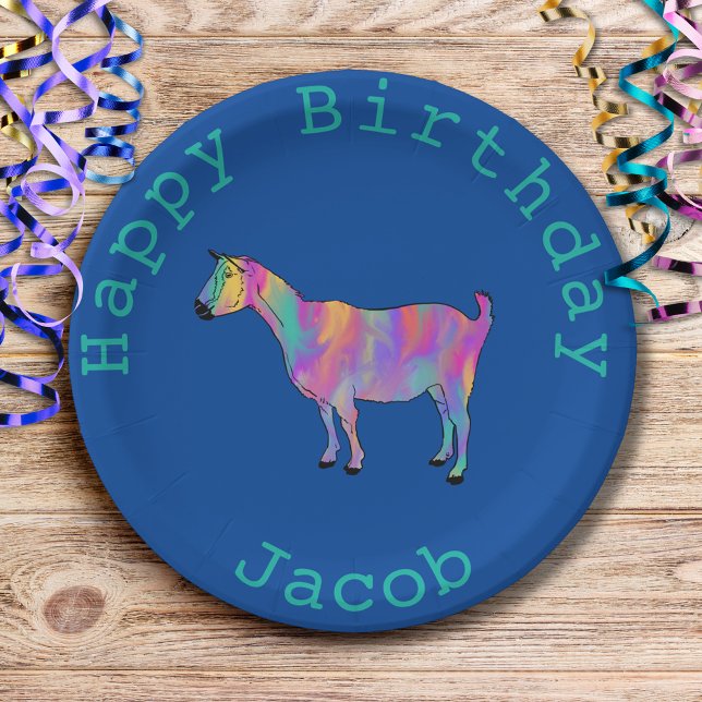 Prato De Papel Aniversário do Arco-Íris Fazenda Animal Adicione N (Cute goat colorful farm animal art custom blue birthday party paper plate add name)