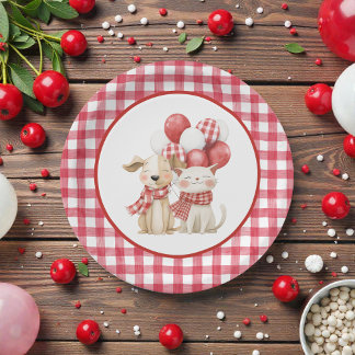 Prato De Papel Aniversário do Bebê com Xadrez Vermelho da Cereja