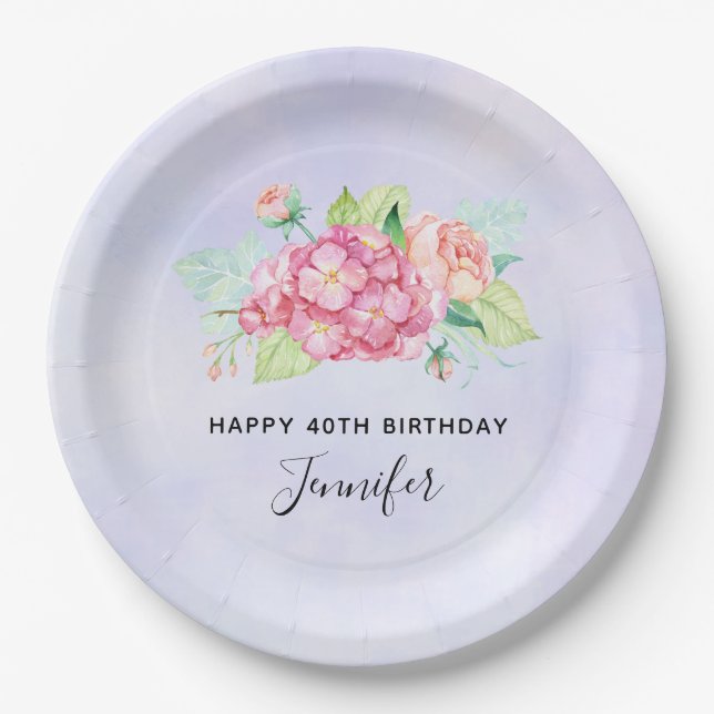 Prato De Papel Aniversário do Buquê de Flor de Aquarela Rosa Eleg (Frente)