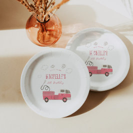 Prato De Papel Aniversário do caminhão de bombeiro rosa