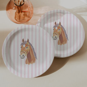 Prato De Papel Aniversário do Cavalo com Listra Rosa Feminina