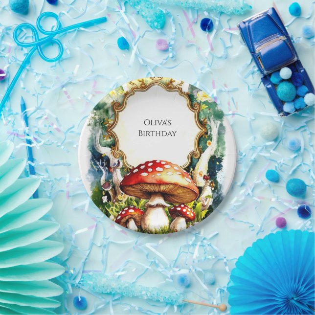 Prato De Papel Aniversário do Cogumelo da Floresta Simples (Festa)