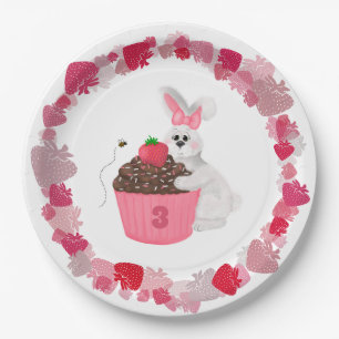 Prato De Papel Aniversário do Cupcake Bunny & Strawberry