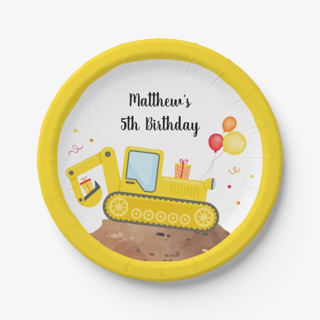 Prato De Papel Aniversário do Digger Boy do Caminhão de Construçã (Frente)