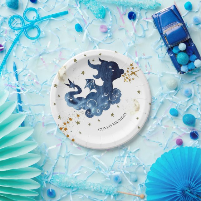 Prato De Papel Aniversário do Dragão Cute Editável (Festa)