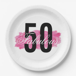 Prato De Papel Aniversário do Elegante Fabuloso 50 Pink Watercolo