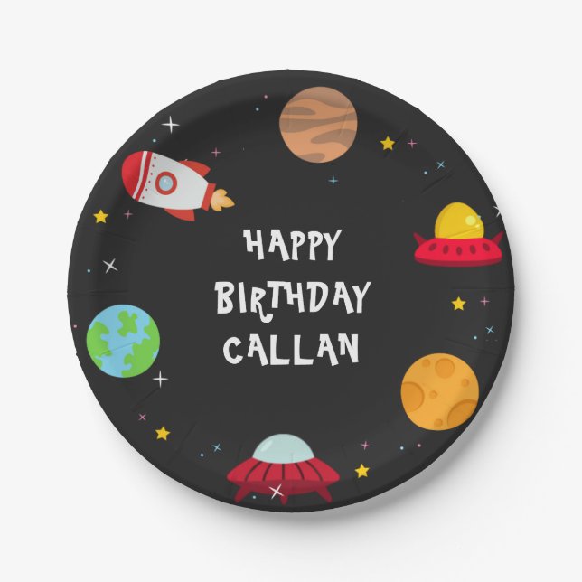 Prato De Papel Aniversário do Espaço Exterior Placa de Papel Bash (Frente)
