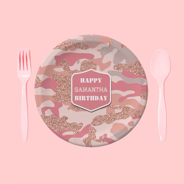 Prato De Papel Aniversário do Exército de Camo Rosa Rosa-Rosa, Ro (Camouflage Rose Gold Blush Pink Camo Army Birthday Paper Plates)