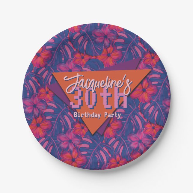 Prato De Papel Aniversário do Floral Roxo Tropical (Frente)