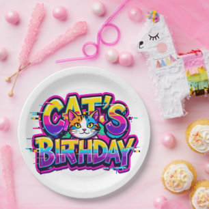 Prato De Papel Aniversário do Gato Efeito Glitch Arco-Íris