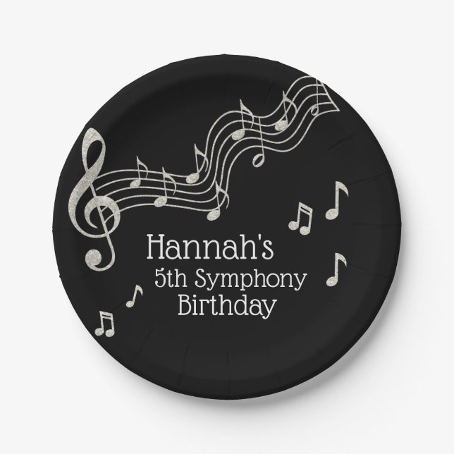 Prato De Papel Aniversário do Glitzy Black & White MusNotes (Frente)