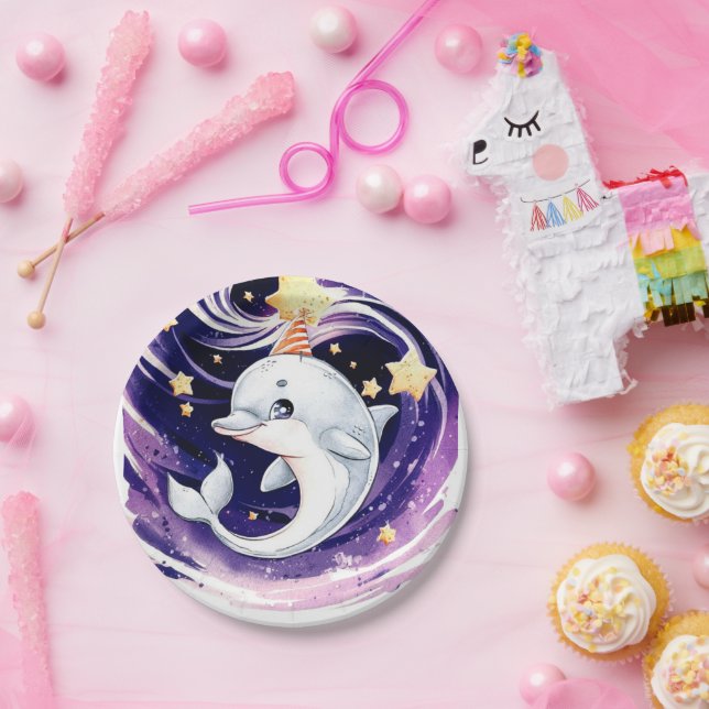 Prato De Papel Aniversário do Golfinho do Oceano Azul Pastel (Festa)