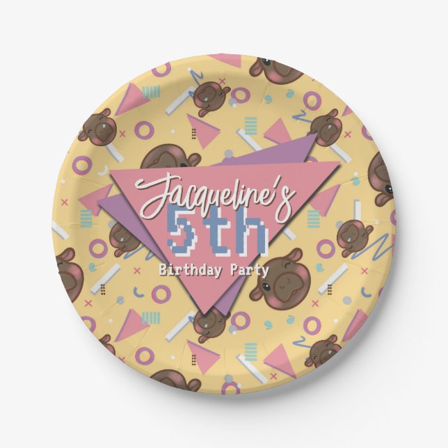 Prato De Papel Aniversário do Hippo do Bebê Amarelo Retro (Frente)