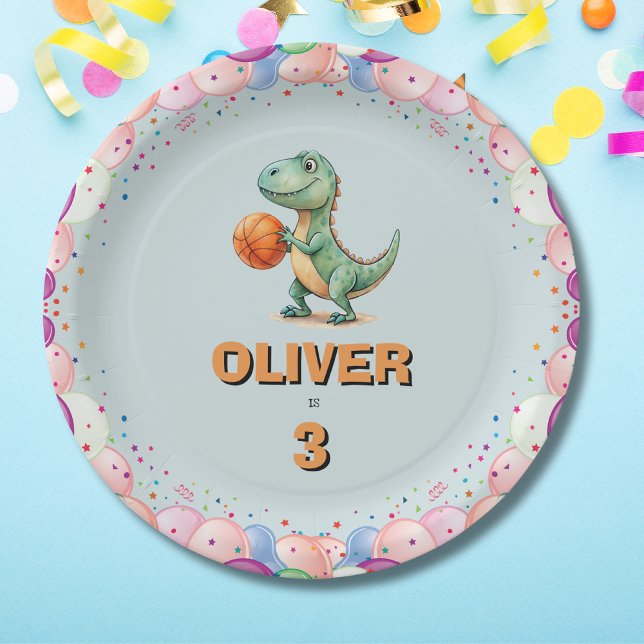 Prato De Papel Aniversário do jogador de basquete T-rex (Criador carregado)