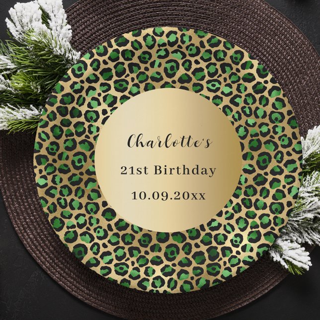 Prato De Papel Aniversário do leopardo de ouro verde-merald (Criador carregado)