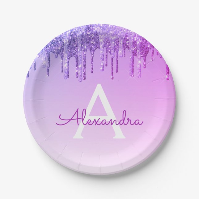 Prato De Papel Aniversário do Monograma de Brilho e Brilho (Frente)