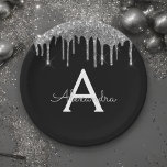 Prato De Papel Aniversário do Monograma de Silver Preto<br><div class="desc">Preto - Folha de Prata, Brilho e Placas Elegantes de Aniversário, Recepção de casamento, Chá de panela, Chá de fraldas ou Festa de solteira. Essas Casas de Casamento, Chá de panela ou Festa de aniversário podem ser personalizadas para incluir seu nome inicial e próprio. Entre em contato com o designer...</div>