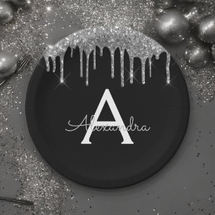 Prato De Papel Aniversário do Monograma de Silver Preto