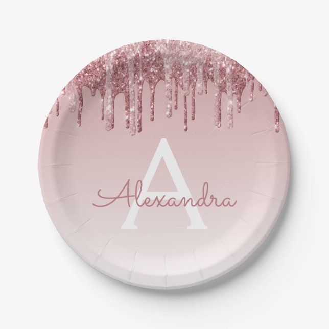 Prato De Papel Aniversário do Monograma Dourado Rosa Rosa Rosa Ro (Frente)