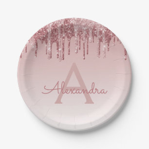 Prato De Papel Aniversário do Monograma Dourado Rosa Rosa Rosa Ro