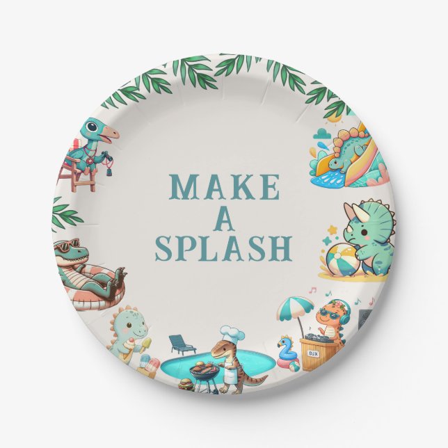 Prato De Papel Aniversário do Partido da Piscina Dino (Frente)