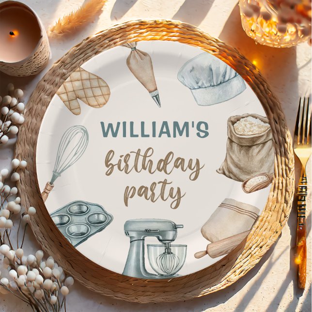 Prato De Papel Aniversário do Pastel Watercolor Baking Boy (Criador carregado)