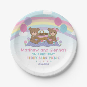 Prato De Papel Aniversário do Picnic Rainbow Twin Boy do Urso Ted