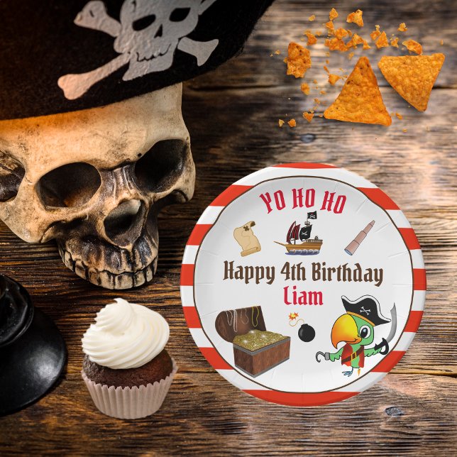 Prato De Papel Aniversário do Rapaz Pirata do Capitão Papagaio (Criador carregado)