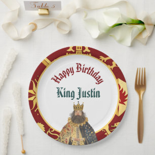 Prato De Papel Aniversário do Rei Medieval Carmesim e Dourado