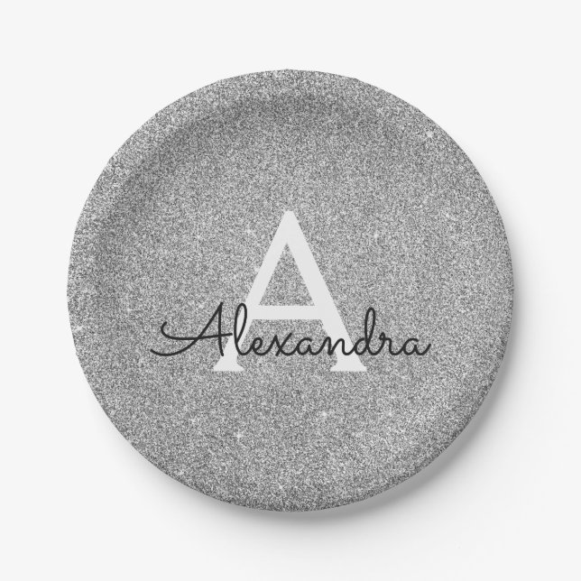 Prato De Papel Aniversário do Silver Glitter & Sparkle Monograma (Frente)