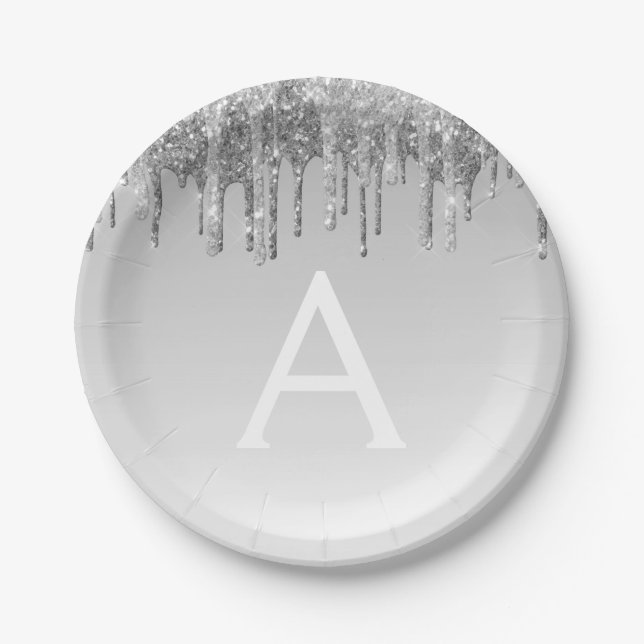 Prato De Papel Aniversário do Silver Glitter & Sparkle Monograma (Frente)