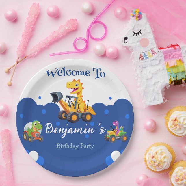 Prato De Papel Aniversário do trator de dinossauro cava balão de  (Festa)