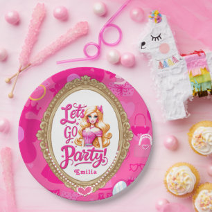Prato De Papel Aniversário do Vamos de Bonecas Retro Rosa Girly
