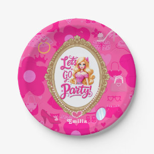 Prato De Papel Aniversário do Vamos de Bonecas Retro Rosa Girly