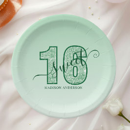 Prato De Papel Aniversário Doce 16 com Letra em Brilho Verde