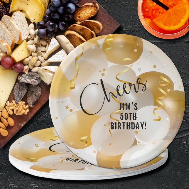 Prato De Papel Aniversário dos Balões Dourados e Brancos (Criador carregado)